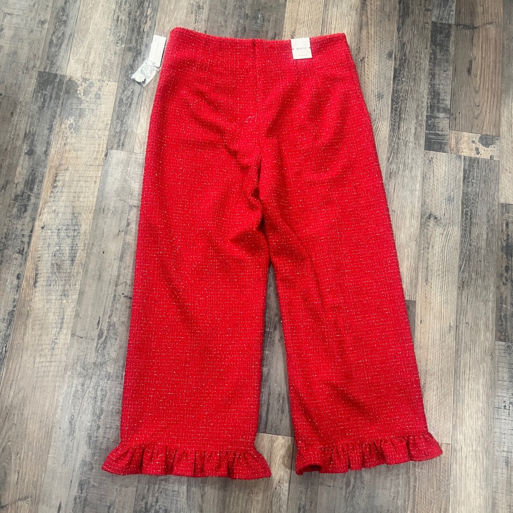Maeve Anthropologie Red Boucle Tweed Ruffle Hem Wide Leg Pants Crystal Button - Picture 4 of 12